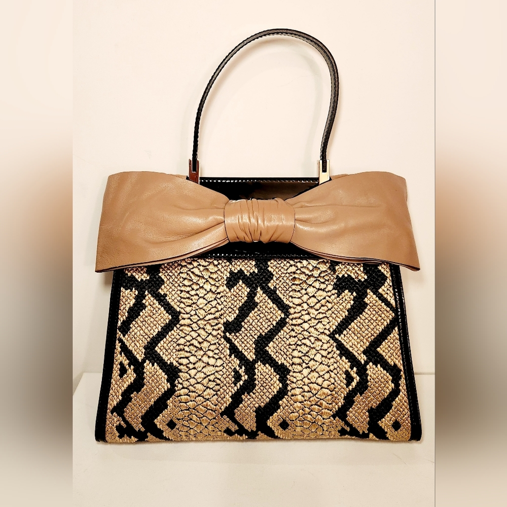 Valentino Garavani Aphrodite raffia snakeprint pink neutral bow satchel bag